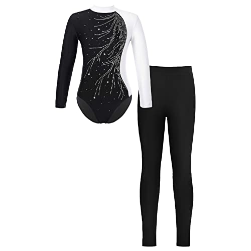 renvena Maillot de gimnasia para niña con pantalones largos, mallas ajustadas, body de baile, body de manga larga, ropa de baile para niños, blanco y negro, 170-176