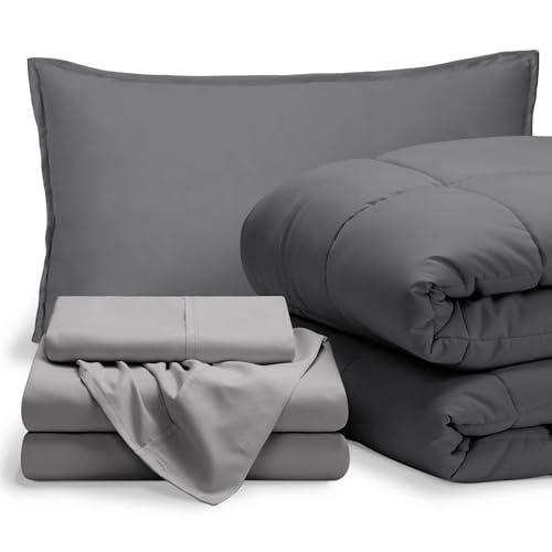 Bare Home Bed-in-A-Bag 5 Piece Comforter & Sheet Set - Twin XL - Goose Down Alternative - Ultra-Soft 1800 Premium Bedding Set (Twin XL, Grey/Light Grey)