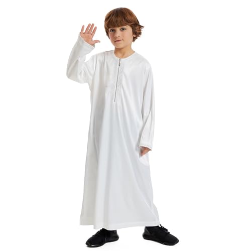 Kids Boys Thobe Muslim Robe Long Sleeve Embroidered Crew Neck Arab Kaftans Islamic Caftan Arabic Abaya with2