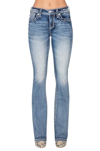 Miss Me Women's Mid-Rise Bootcut Jeans, Floral Embroidered Tapestry with Faux Flap Pockets, Bootcut Stretch Denim Jeans