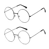 ALVOGIMOR 2 Pairs of Wizard Glasses, Old Men Round Wire Costume Glasses Accessories for Men Women Halloween Santa Dress Up (Black & Silver)