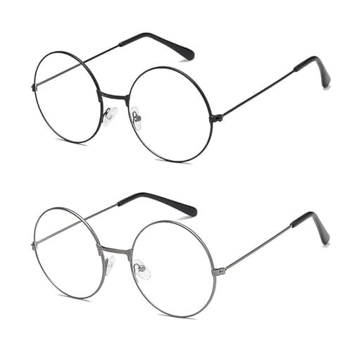 ALVOGIMOR 2 Pairs of Wizard Glasses, Old Men Round Wire Costume Glasses Accessories for Men Women Halloween Santa Dress Up (Black & Silver)