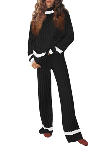 Ensemble 2 pièces en maille côtelée femme avec pull rayé et pantalon large