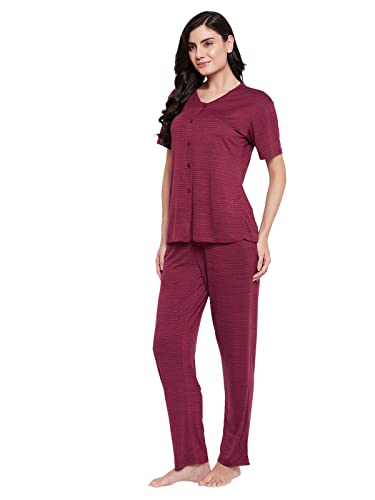 Image of Clovia Women's Cotton Chic Basic Button Top & Pyjama Set in Red