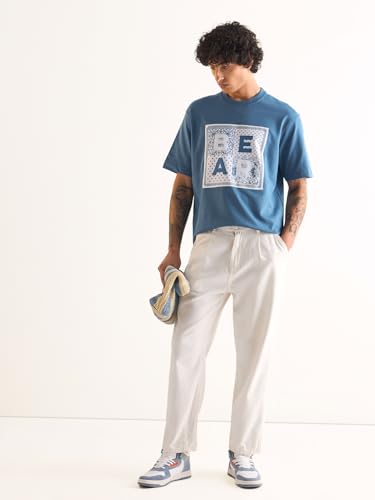 Image of THE BEAR HOUSE Men's Oversize Fit Blue Cotton Printed Polo
