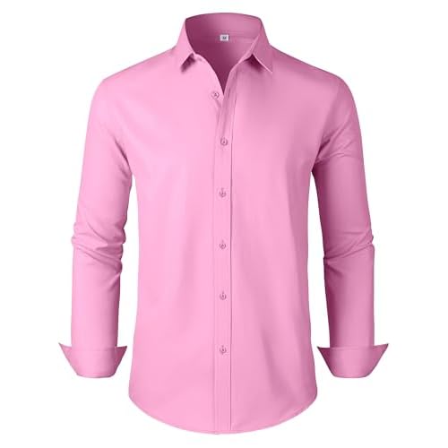 Men's Dress Shirts Regular Fit Solid Long Sleeve Formal Shirt Business Casual Button Down Shirts X-Large 00097_pink