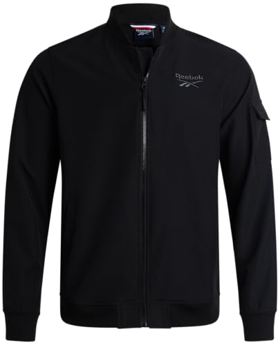Reebok Mens Rain Jacket - Full Zip Up Lightweight Water Resistant Windbreaker Soft Shell Collar Rain Coat for Men (S-XL), Size Large, Black