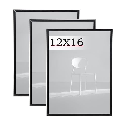 Scholartree 12x16 Picture Frame Black 3 Pack Scratch-Proof Poster Frames 12 x 16 for Wall - Slide-In Strips Horizontal or Vertical Wall Mounting