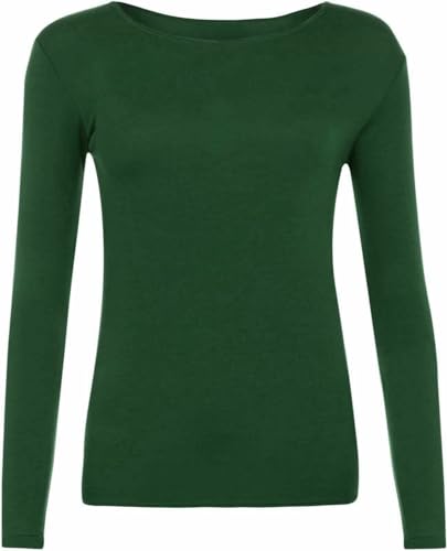 LUXE FASHION Women Ladies Long Sleeve Round Neck Plain Top Stretchy Casual Summer T-Shirts Basic Slim fit Tee Tops UK Plus Size 8-26 Bottle Green