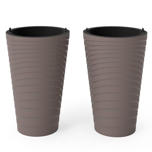 TANGZON Round Planter Set of 2, 45cm Tall Spiral Plant Pots with Drainage Holes & Removable Liner, Indoor Outdoor Flower Pots for Porch, Balcony, Garden, Living Room, Brown