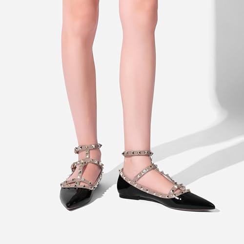 Lossarye Women's Closed Pointed Toe Ankle Strap Flats with Studs Fashion T-Strap Comfortable Casual Mary Jane Flats Work Dress Shoes3