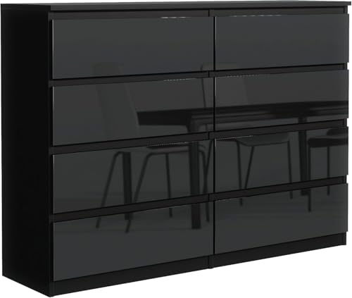 meble masztalerz Commode Chambre avec 8 Tiroirs - Meuble de Rangement pour Salon et Entrée Couloir - Spacieuse et Design - Noir Brillant - 120 x 101,5 x 39 cm