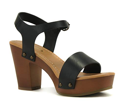 Soda Chivas ~ Women's Bold Buckles Studded Wedge Sandal (Black Pu, Us_Footwear_Size_System, Adult, Women, Numeric, Medium, Numeric_7_Point_5) #TOP1