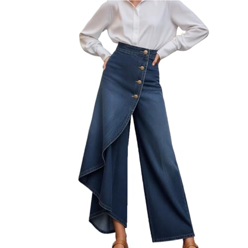 Eauptffy Pantalon en jean pour femme 7/8 - Pantalon d'été élégant - Jupe Palazzo - Pantalon de loisirs léger - Ourlet asymétrique - Pantalon en jean -...