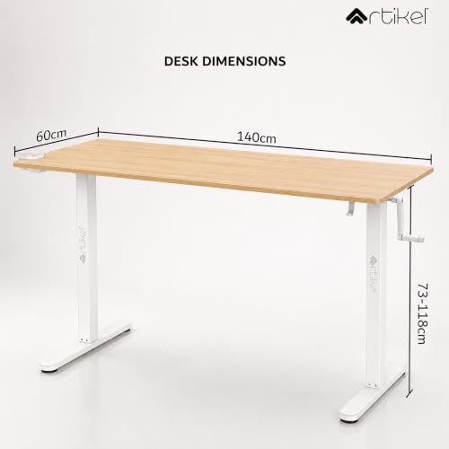 Image of ARTIKEL Manova Height Adjustable Table for Office Work | Manual Adjustable Desk with Hand Crank | Ergonomic Table for Home | 80Kg Wt Lift | Cup Holder, 2 Headphone Hook (140 * 60 - Light Oak)