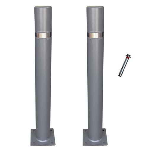 ADO - Pilona fija con placa inferior modelo Barceco. Bolardo de hierro con parte superior en acero inoxidablede 90x800 mm para atornillar a suelo (2- Pilonas + Tornillería)