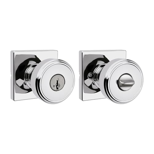 Image of Kwikset Maven Entry Door Knob with Lock and Key, Secure Keyed Handle Exterior, Square Front Entrance and Bedroom, Polished Chrome, Pick Resistant SmartKey Rekey Security and Microban