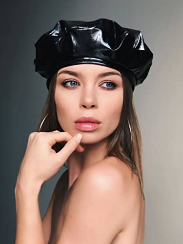 Utaly Patent Leather French-Beret Hat Pu Dancing Cap Captain Women (Size S-M) Black #TOP1