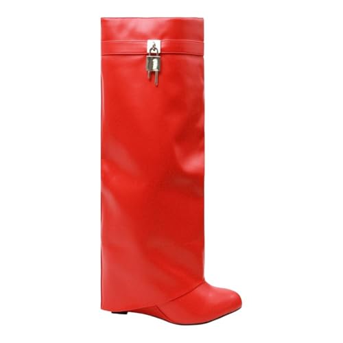 Liliana Women Fold Over Knee High Boots Wedge Heel Padlock Pull-on Boots MUTTO-1