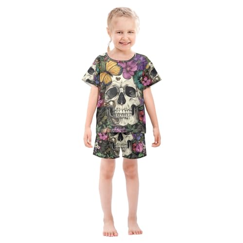 ALAZA Skull Flowers Butterflies Pajama Set Short Sleeve Sleepwear Soft Lounge Nightwear3