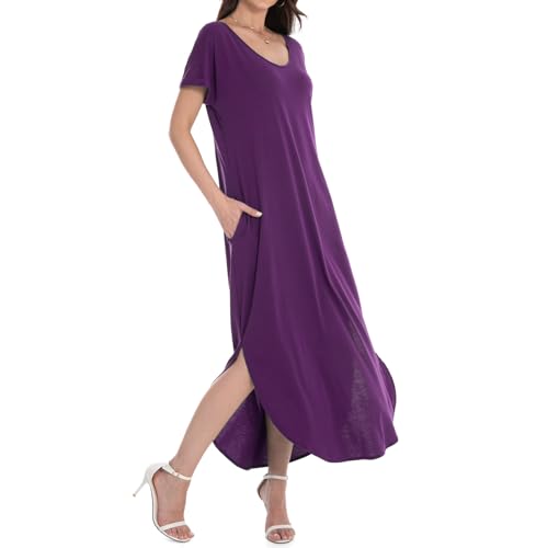 Image of Matchstick Women's Flowy Maxi Dress V-Neck Relaxed Loose Fit Short Sleeve Casual Sundress with Pockets Side Split Beach Dress