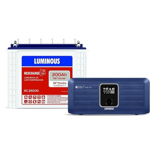 Luminous Inverter & Battery Combo (Zolt 1100 Pure Sine Wave 900VA/12V Inverter with Red Charge RC 25000 Tall Tubular 200Ah Battery) for Home, Office & Shops