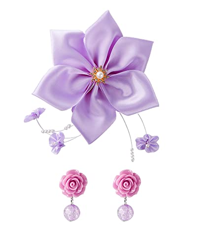 Purple Flower Hair Clip with Clip On Earrings for Women Halloween Costume Accessories Headpiece for Isabella