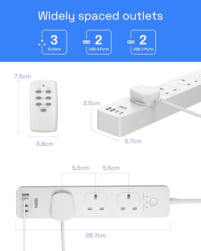 HBN Remote Control Extension Lead with 3 Individually Controlled Outlets,Surge Protection Power Strip with 2M Cable,Plug Extensions Socket with 4 USBs (incl.2 USB-C),13A - Image 3