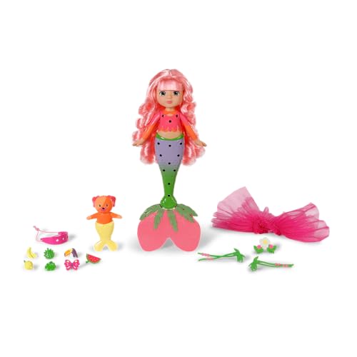 Baby Born Glam Up Sunshine, Sirena con Largo Cabello Rosa con Efecto de Color UV, para peinar con Accesorios Textiles y Pins, Incluye Amigo Animal
