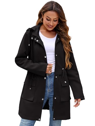 Womens Rain Jacket with Hood, Long Rain Coat for Women Waterproof Trench Coat Lined Windbreaker Fall Jacket3