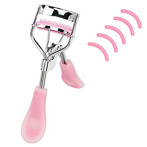 MERVK Stainless Steel Eyelash Curler with Built-in Comb Pinch Pain-Free Suitable for Any Eye Shapes and Sizes, with 5 Silicone Refill Pads (Hazy Pink)