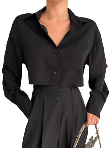 Image of Aahwan Women Polyester Regular Fit White Solid Button Up Drop Shoulder Casual Crop Long Sleeve Shirt