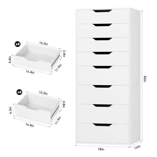 44.5" Tall White Dresser, 8 Drawer Dresser with Groove Handles