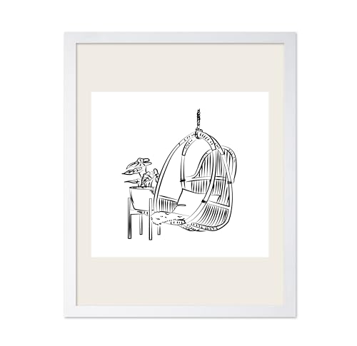 Poster Master Bamboo Swing Chair Poster - Retro Botanical Print - Floral Artwork - Line Sketch - Abstract Design - Chic Boho Art - Great Office or Living Room Wall Decor - 16x20 White Framed