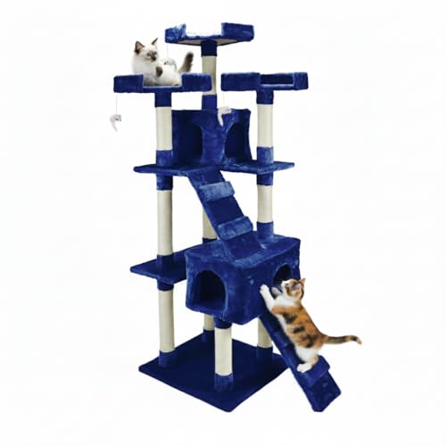 AQPET Tiragraffi XXL 170cm per Gatti con Cuccia, Albero Gioco Multifunzionale e Parco Giochi Completo, Colore Blu