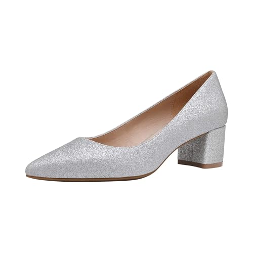 DREAM PAIRS Women’s Chunky Low Block Heels Closed Toe Dress Pumps Shoes 5.5 Silver/Glitter