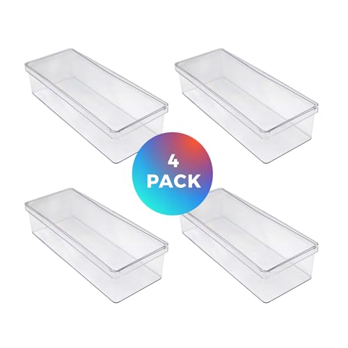 Image of Set of 4 Acrylic Boxes with Lids, 9.5 inchL x 3.56 inchW x 2.25 inchH, Made in USA, Plastic Pencil Box, Crayon Box, and Art Supply Organizer, Clear Display Case for Collectibles