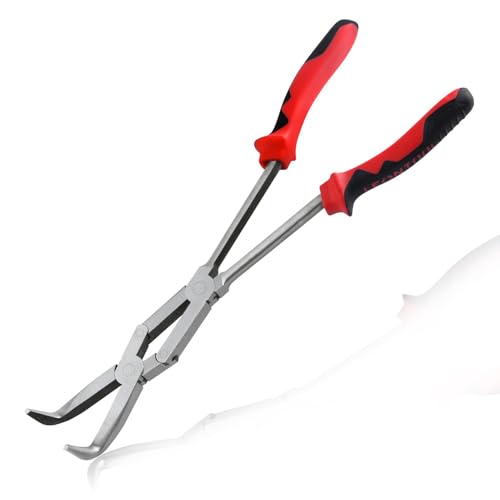 LeonTool 13-Inch Long Reach 90 Degree Bent Nose Pliers with Dual Pivot, Double Joint, Serrated Jaw for Narrow Spaces