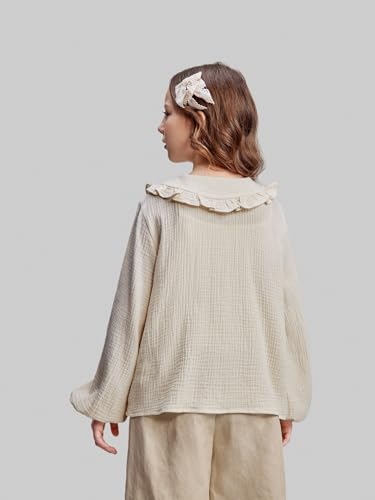 OYOANGLE Girl's Ruffle Doll Collar Shirts Textured Bishop Long Sleeve Button Down Blouse2