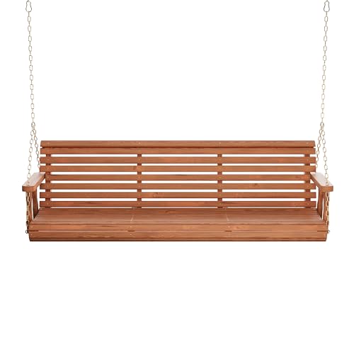 Image of Amish Casual Heavy Duty 700 Lb Capacity Porch Swing (6 Foot, Cedar Stain) - Wooden Outdoor Roll Back Swing with Hanging Chains - Amish Made in the USA