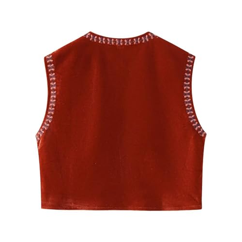 Damen-Weste, Vintage-Samt, ärmellos, Blumenstickerei, vorne offen, bauchfrei, Wester, Boho-Wester, Weste, Oberbekleidung, rot (a), M