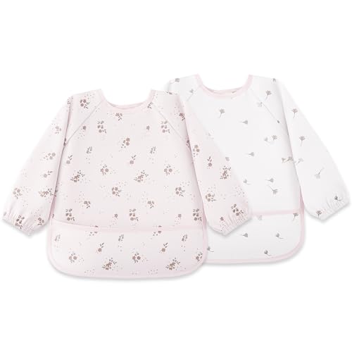 Image of Susurration Baby Long Sleeve Bib Waterproof Sleeved Bib Smock for Baby | 2 Pack Baby Reusable Feeding bibs, 6-36 Months Baby Feeding Essentials - Pink Flower