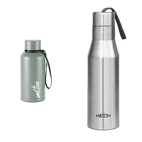 Image of Milton Aura 500 Thermosteel Bottle, 520 ml, Grey & Milton Super 1000 Water Bottle, 1000 ml, Silver