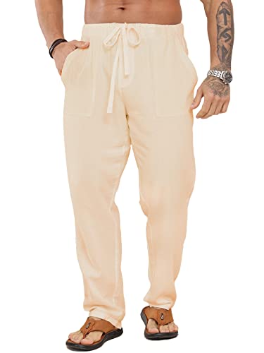 Halfword Pantalones Lino Hombre Verano Casuales Anchos Largos Pantalon Blanco Playa Yoga Beige XL