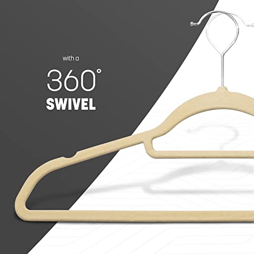 KEPLIN – Samt-Kleiderbügel, 20er-Pack–rutschfeste Kleiderbügel mit Krawattenhalter und 360°-Haken–Langlebig und robust, platzsparende Garderobenorganizer für Anzüge, Jacken und Kleidung–(cremefarben)