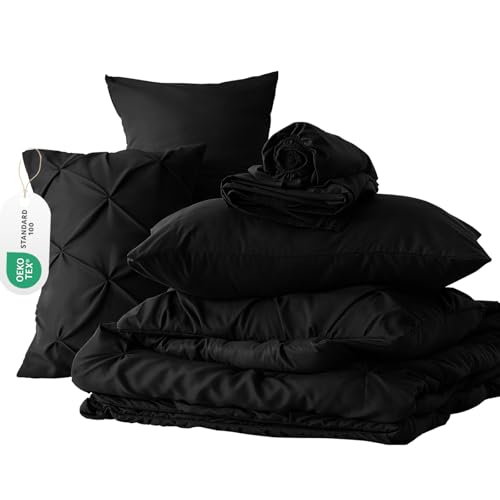 CozyLux King Size Comforter Set Black, 7 Pieces Pintuck Bed in A Bag, All Season Comforter King Size, Bed Set Gift for Family, Pinch Pleat Bedding Set with Comforter, Sheets, Pillowcases & Shams