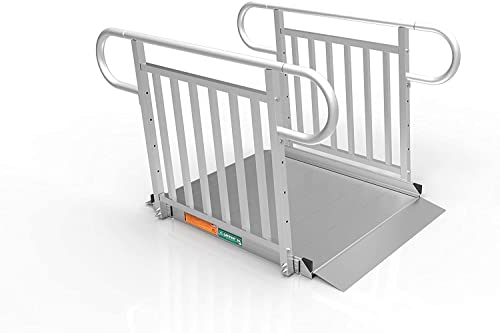 EZ-ACCESS - Portable Wheelchair Ramp and Aluminum Ramp with Handrails - Heavy Duty Mobility Device, Handicap Ramp with Solid Surface for Steps, and Vertical Picket Handrails - 3G 5-Foot, Silver