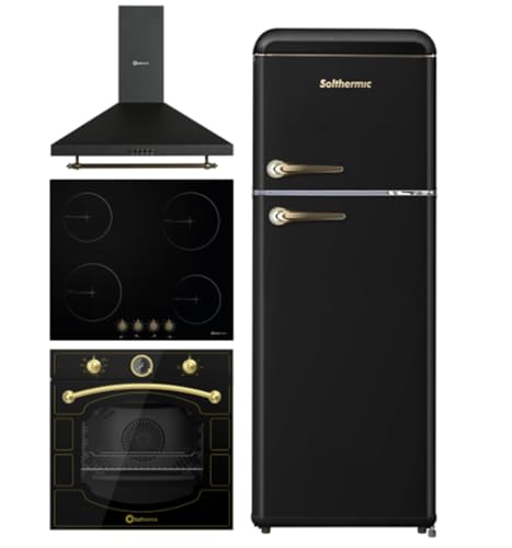 SOLTHERMIC PACK 4 EN 1 NEGRO RUSTICO PLACA VITRO 4 FUEGOS PVTC60 59x52cm / 9 niveles + CAMPANA DECORATIVA 60 CM 400m3 + HORNO EXTRA AMPLIO 78L TURBO + FRIGO 2 puertas F2PR147N 1,47 cm x 55 de ancho
