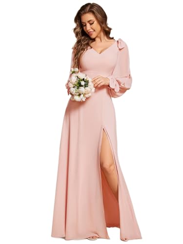 Image of Ever-Pretty Women's Fall Winter Formal Wedding Guest Dress Long Sleeve V Neck Chiffon Floor Length Bridesmaid Dresses 80116