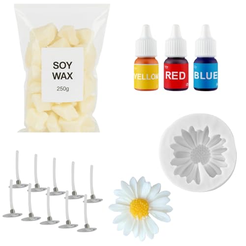 Image of Candle Making Kit | Daisy Flower Candle Molds (6.5x6.5x2 cm) with 250g Soy Wax, 10 Wicks & 3 Pigment Colors | DIY Candle Making Supplies Set